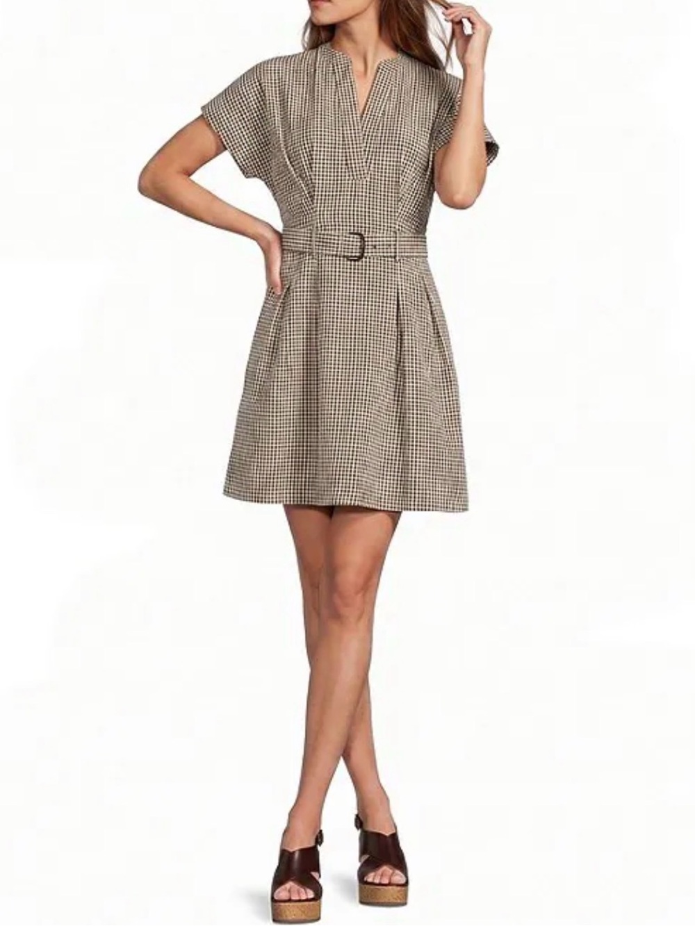 ANTONIO MELANI Beige Gingham Belted Mini Dress